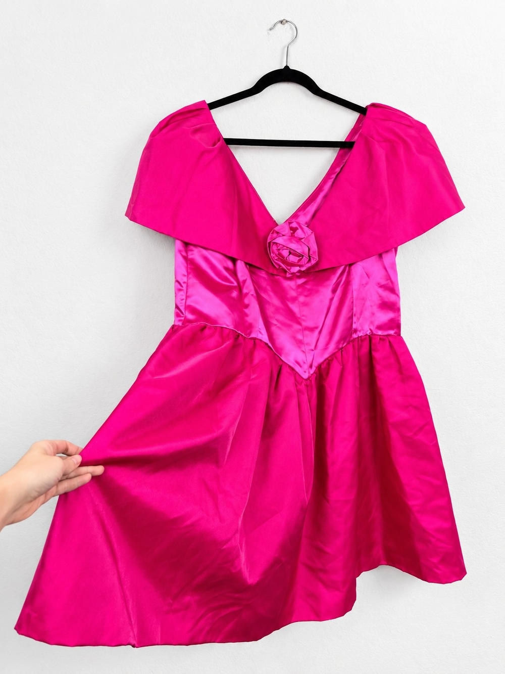 Vintage 80s Hot Pink Satin Party Dress Rosette Cape Collar Glam Prom Handmade XL